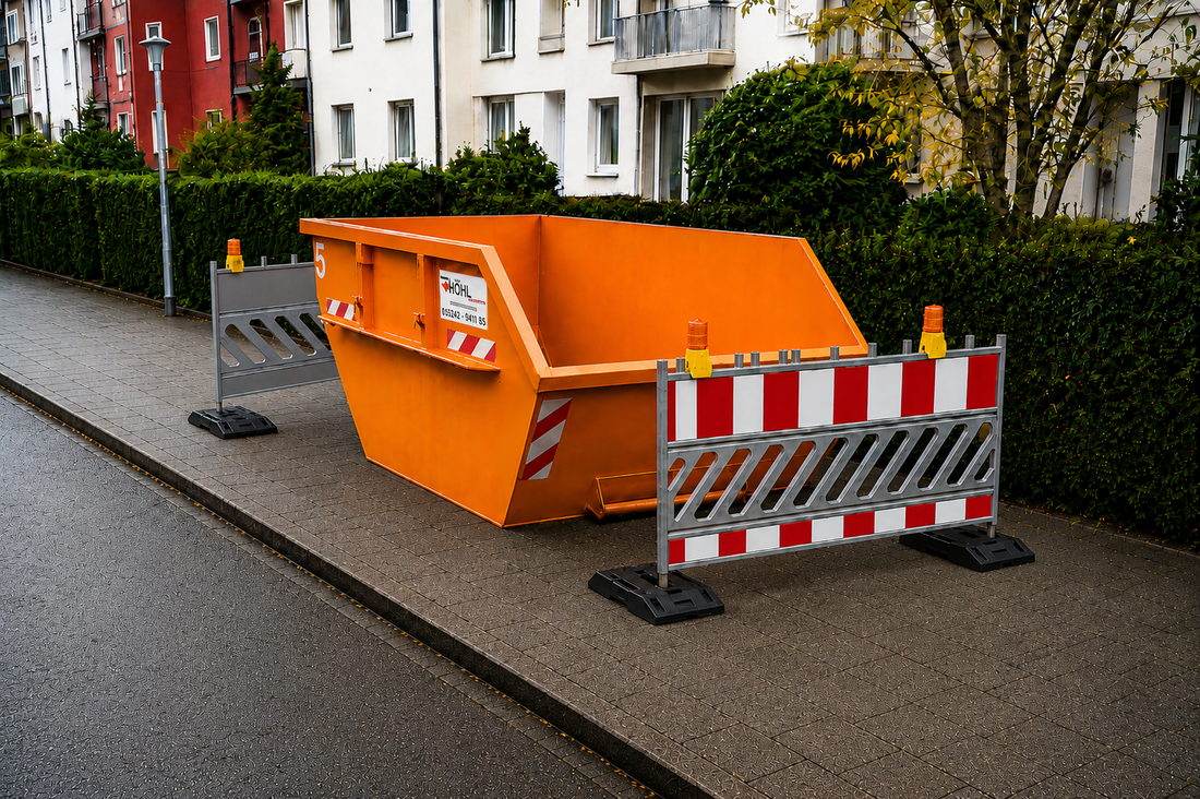 Absicherung Container Gehweg mit zwei Absperrschranken, Fußplatten und vier Baustellenlampen – HÖHL Containerdienst