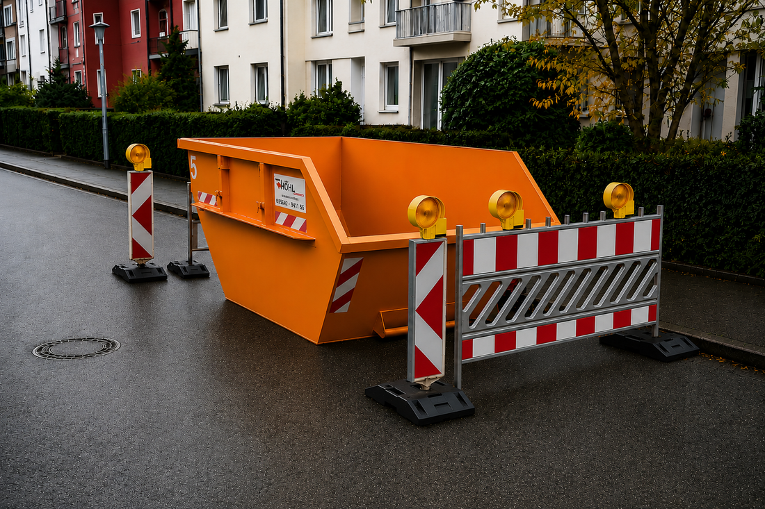 Absicherung Container Straße mit Absperrschranken, Baustellenlampen und Leitbaken – HÖHL Containerdienst
